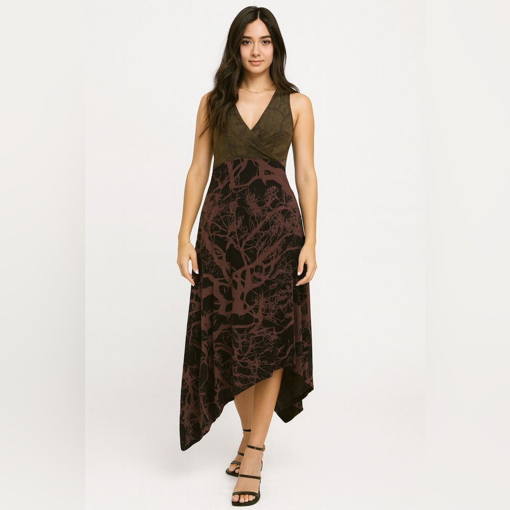 Heyne‎ Bogut Vintage Black & Brown Lagenlook Asymmetrical Midi Dress Sz. 2